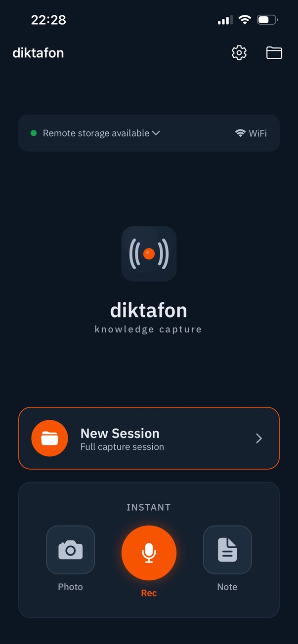Diktafon app — home screen